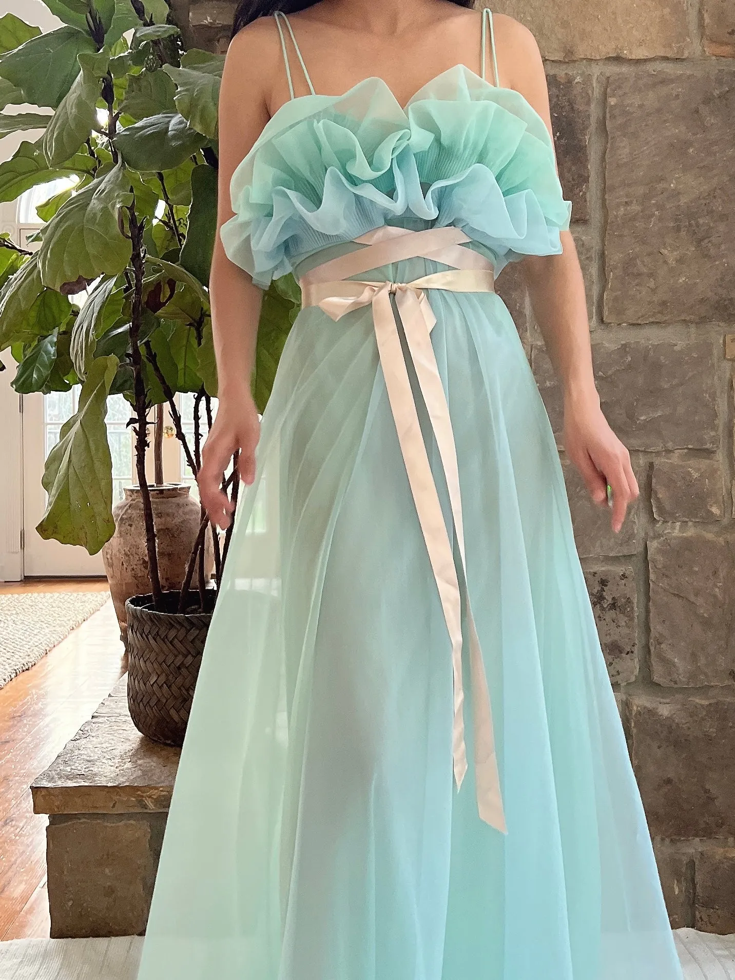1960s Teal Sheer Tricot Chiffon Tulip Bust Gown - S/M