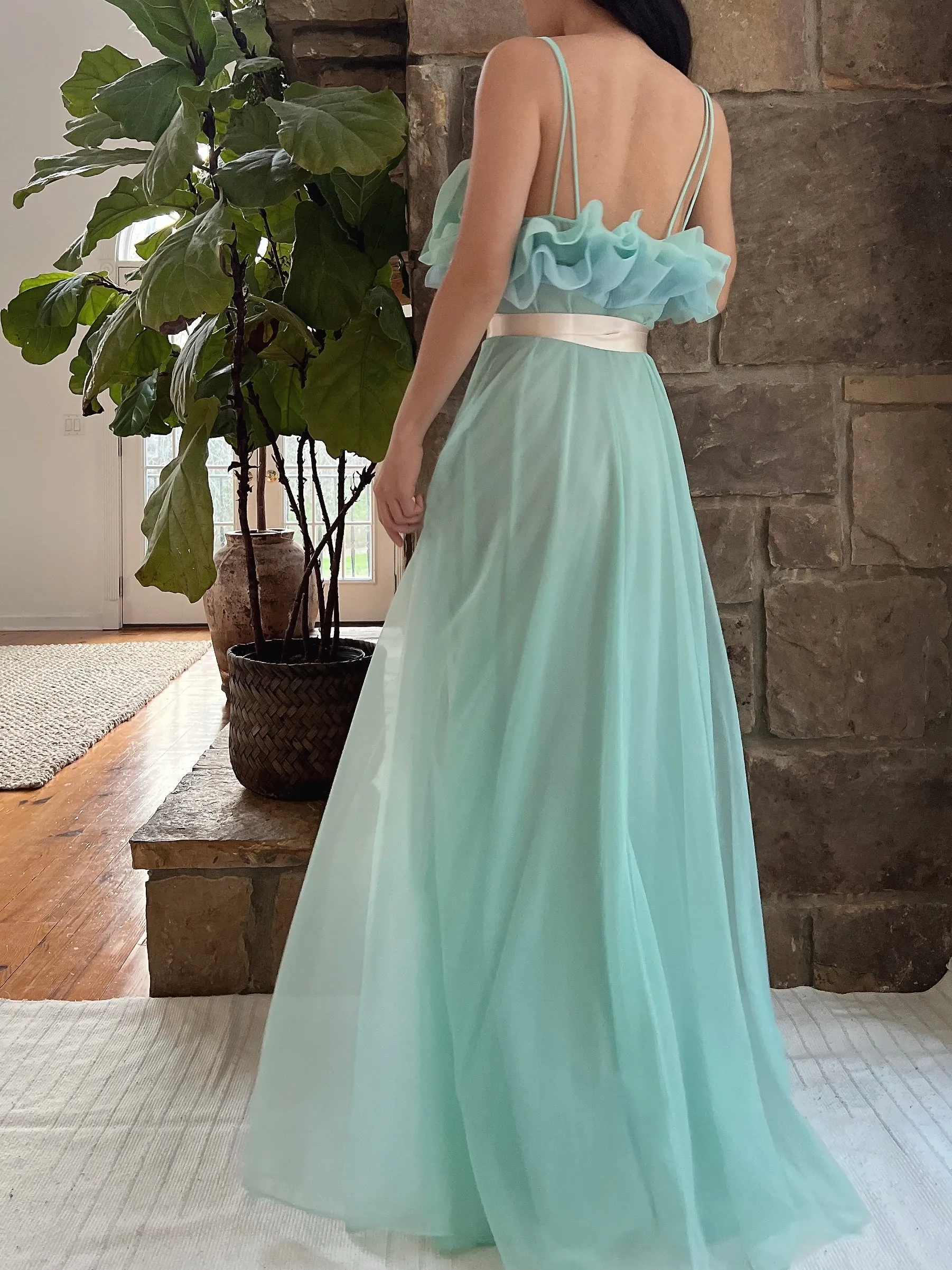 1960s Teal Sheer Tricot Chiffon Tulip Bust Gown - S/M