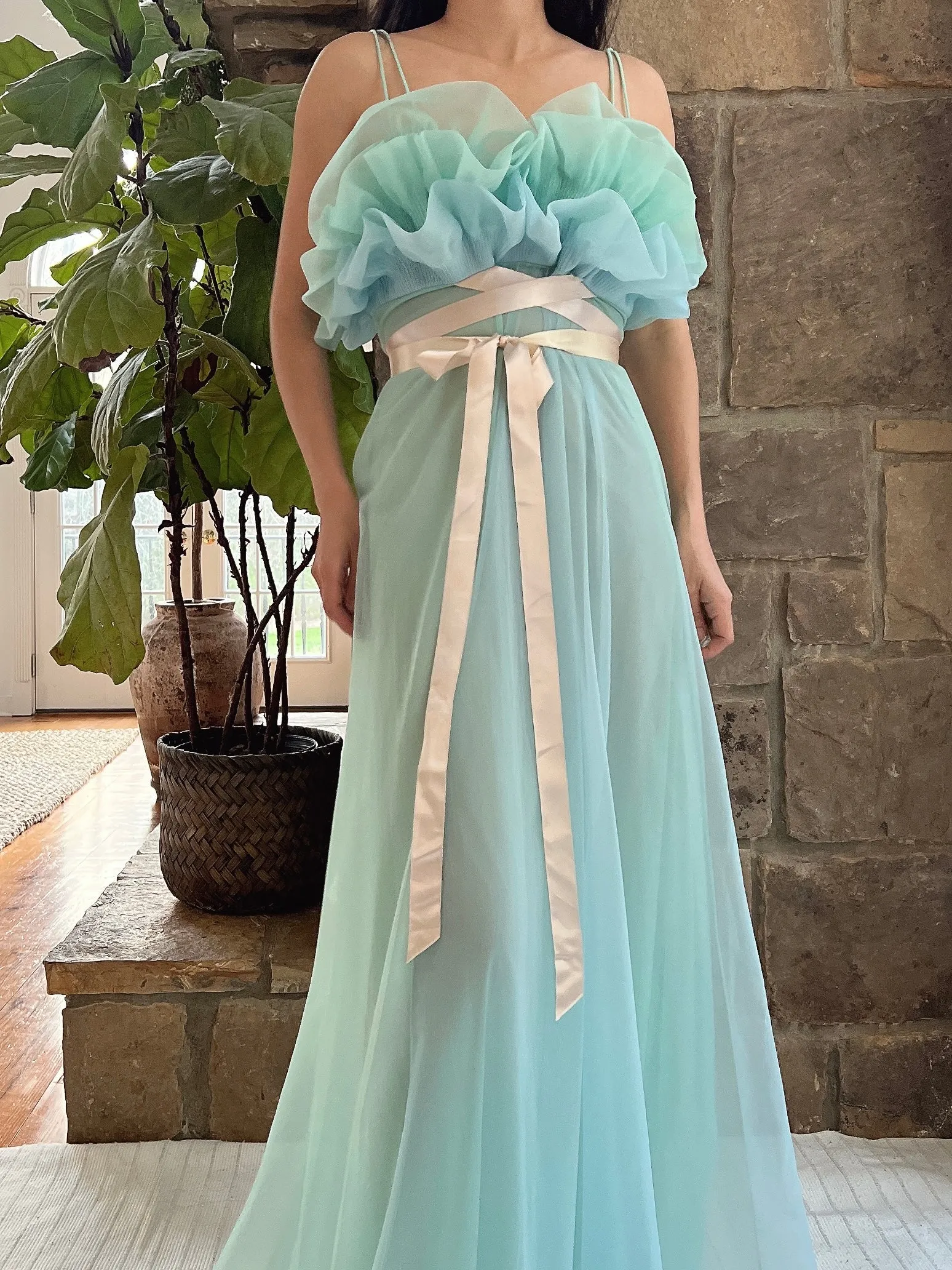 1960s Teal Sheer Tricot Chiffon Tulip Bust Gown - S/M