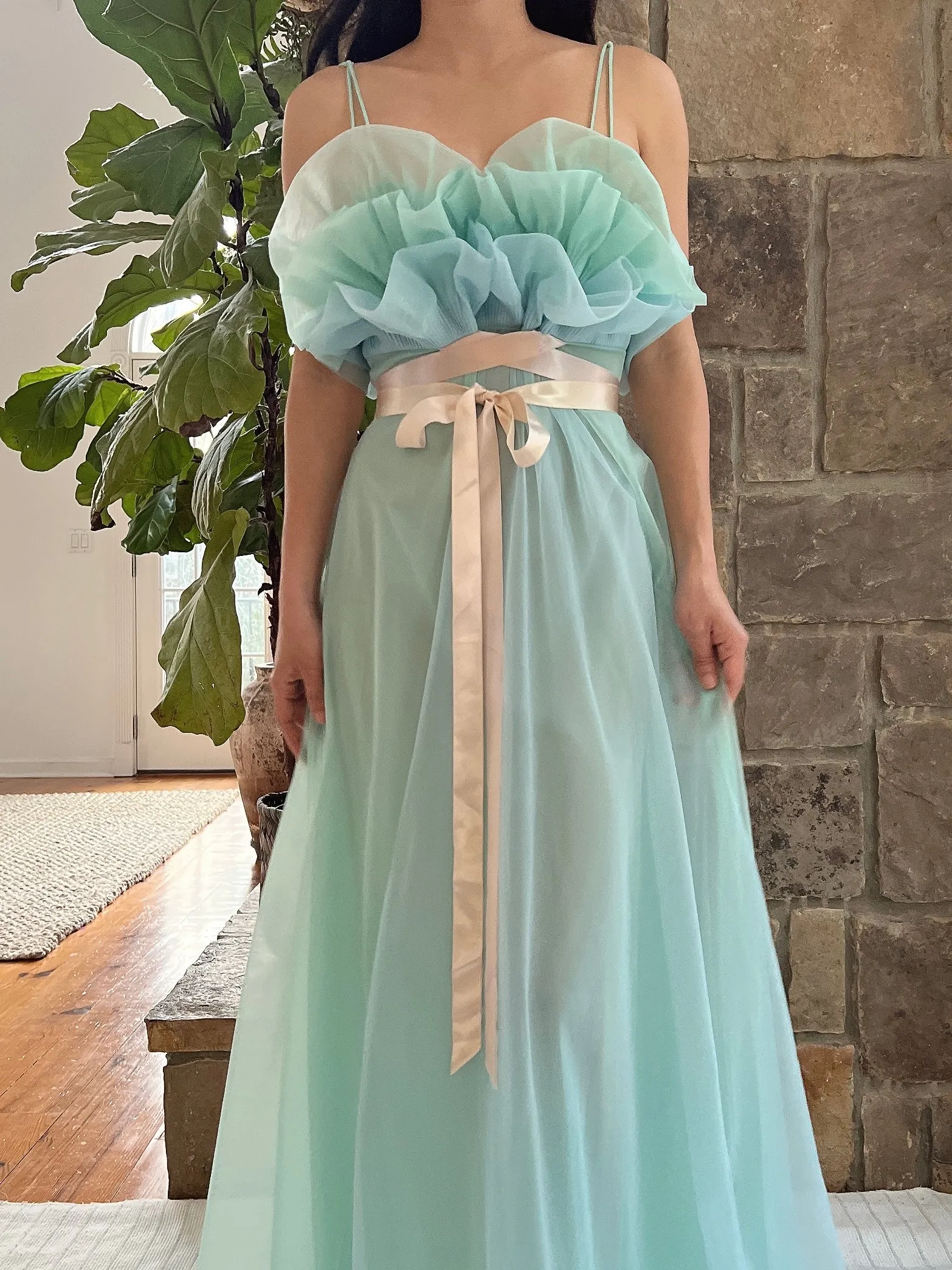1960s Teal Sheer Tricot Chiffon Tulip Bust Gown - S/M