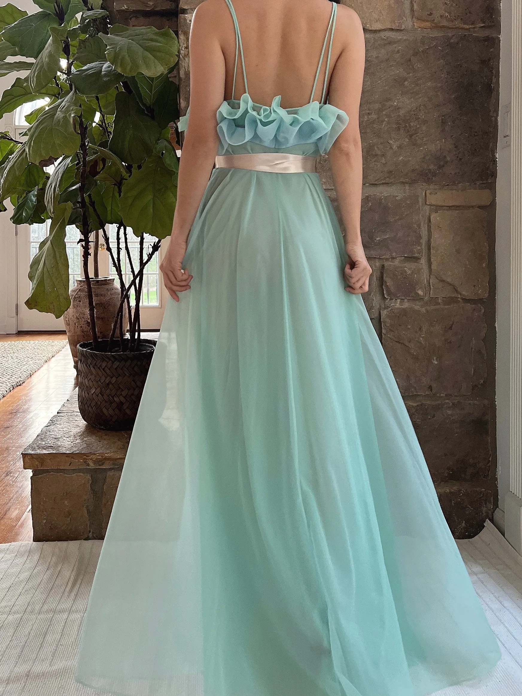 1960s Teal Sheer Tricot Chiffon Tulip Bust Gown - S/M