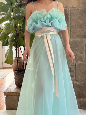 1960s Teal Sheer Tricot Chiffon Tulip Bust Gown - S/M