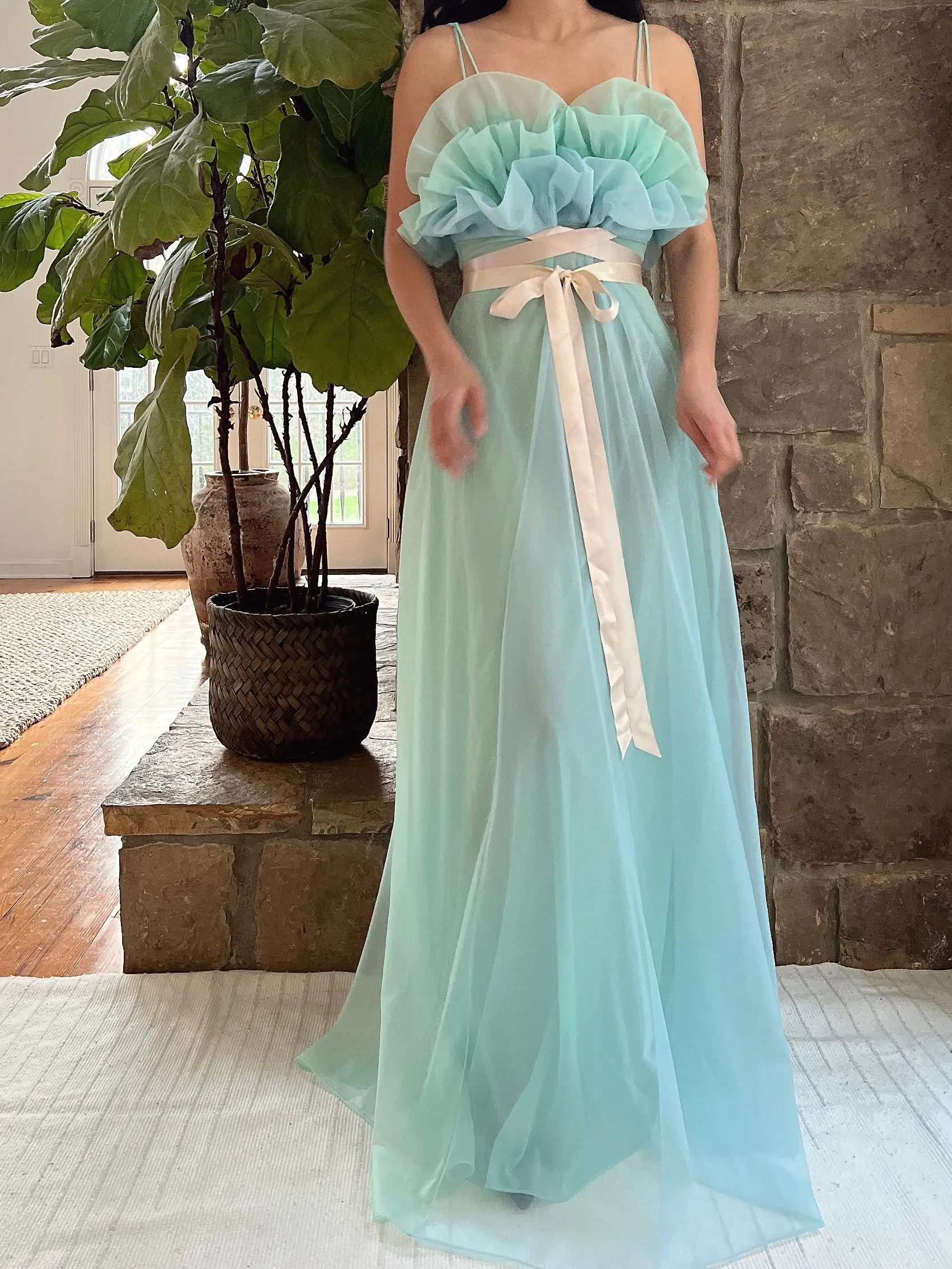 1960s Teal Sheer Tricot Chiffon Tulip Bust Gown - S/M