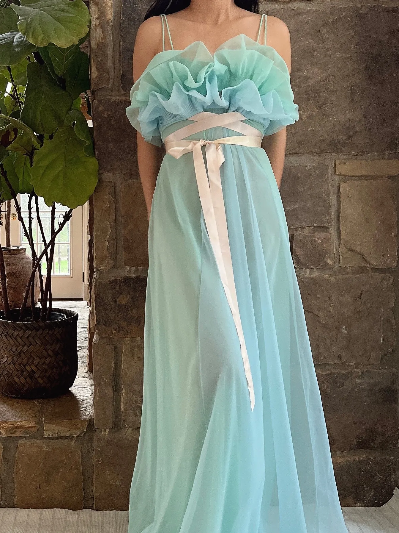 1960s Teal Sheer Tricot Chiffon Tulip Bust Gown - S/M