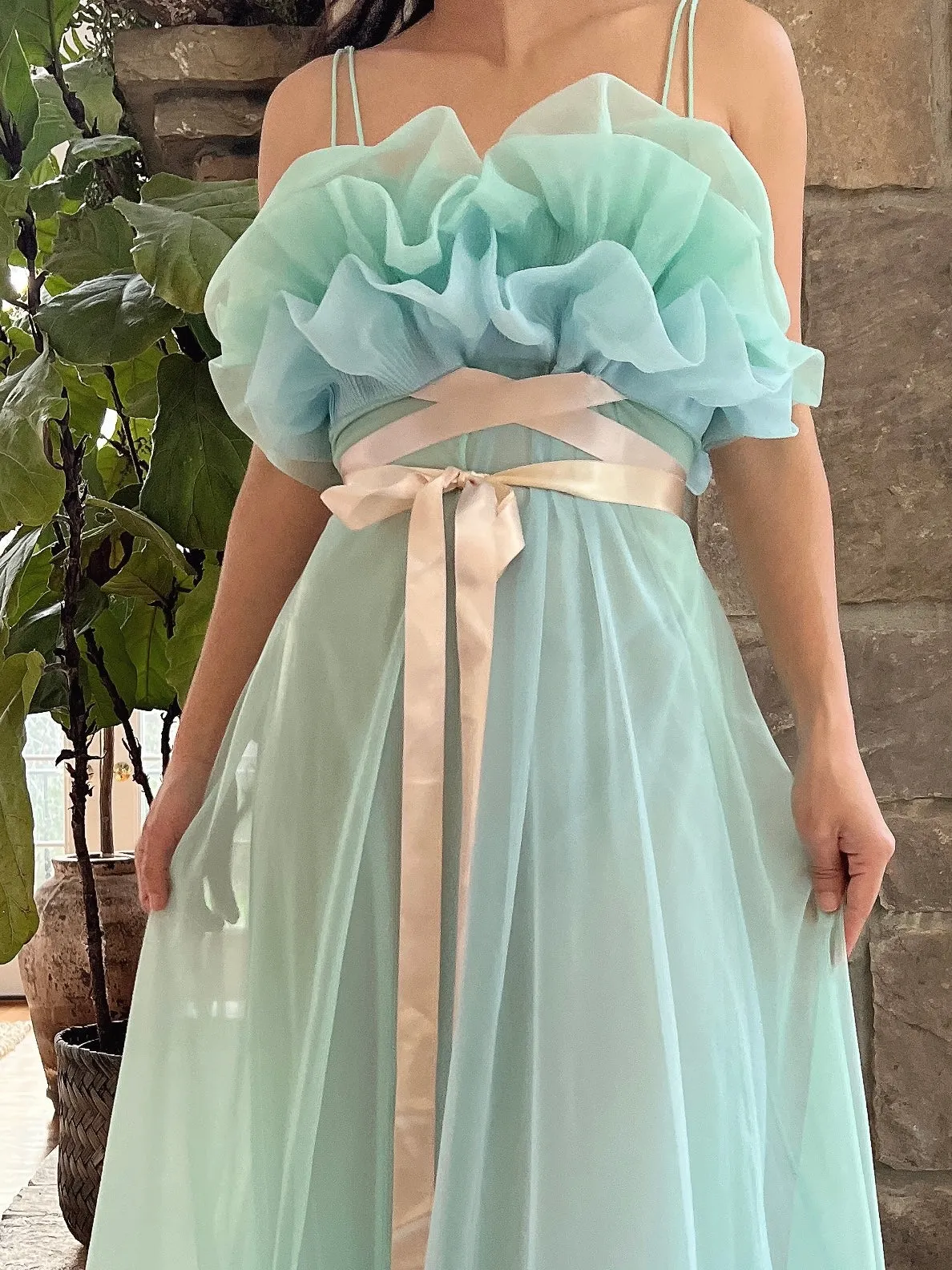 1960s Teal Sheer Tricot Chiffon Tulip Bust Gown - S/M