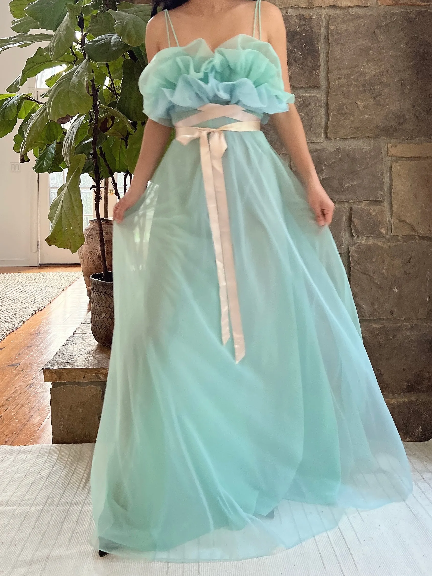 1960s Teal Sheer Tricot Chiffon Tulip Bust Gown - S/M