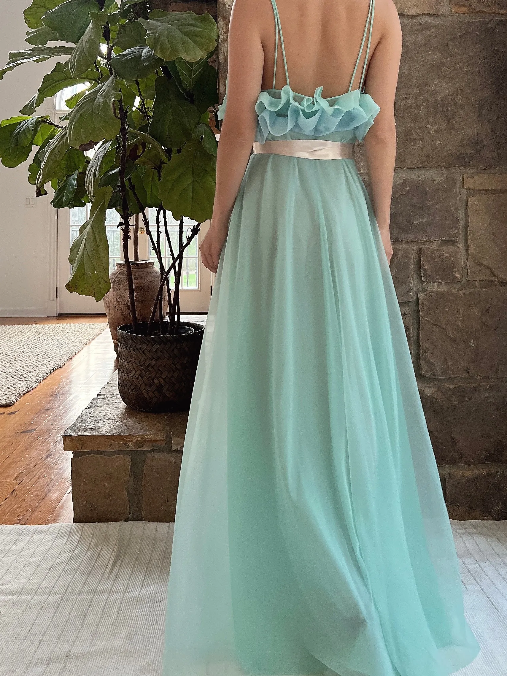1960s Teal Sheer Tricot Chiffon Tulip Bust Gown - S/M
