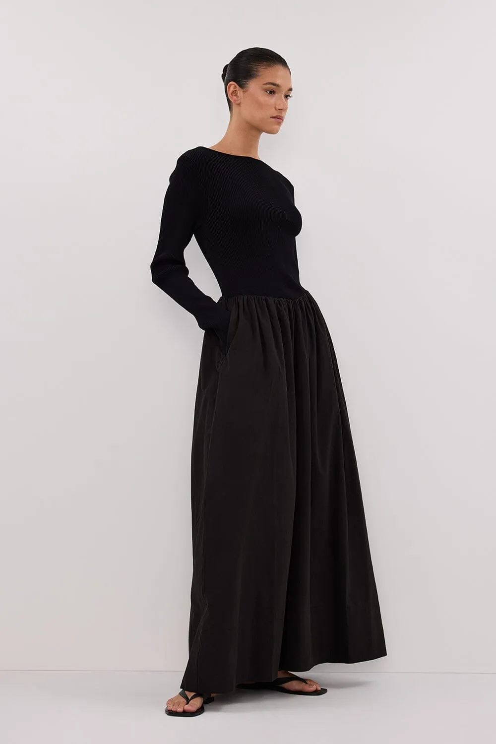ABIGAIL BLACK HYBRID LONG SLEEVE MIDI DRESS