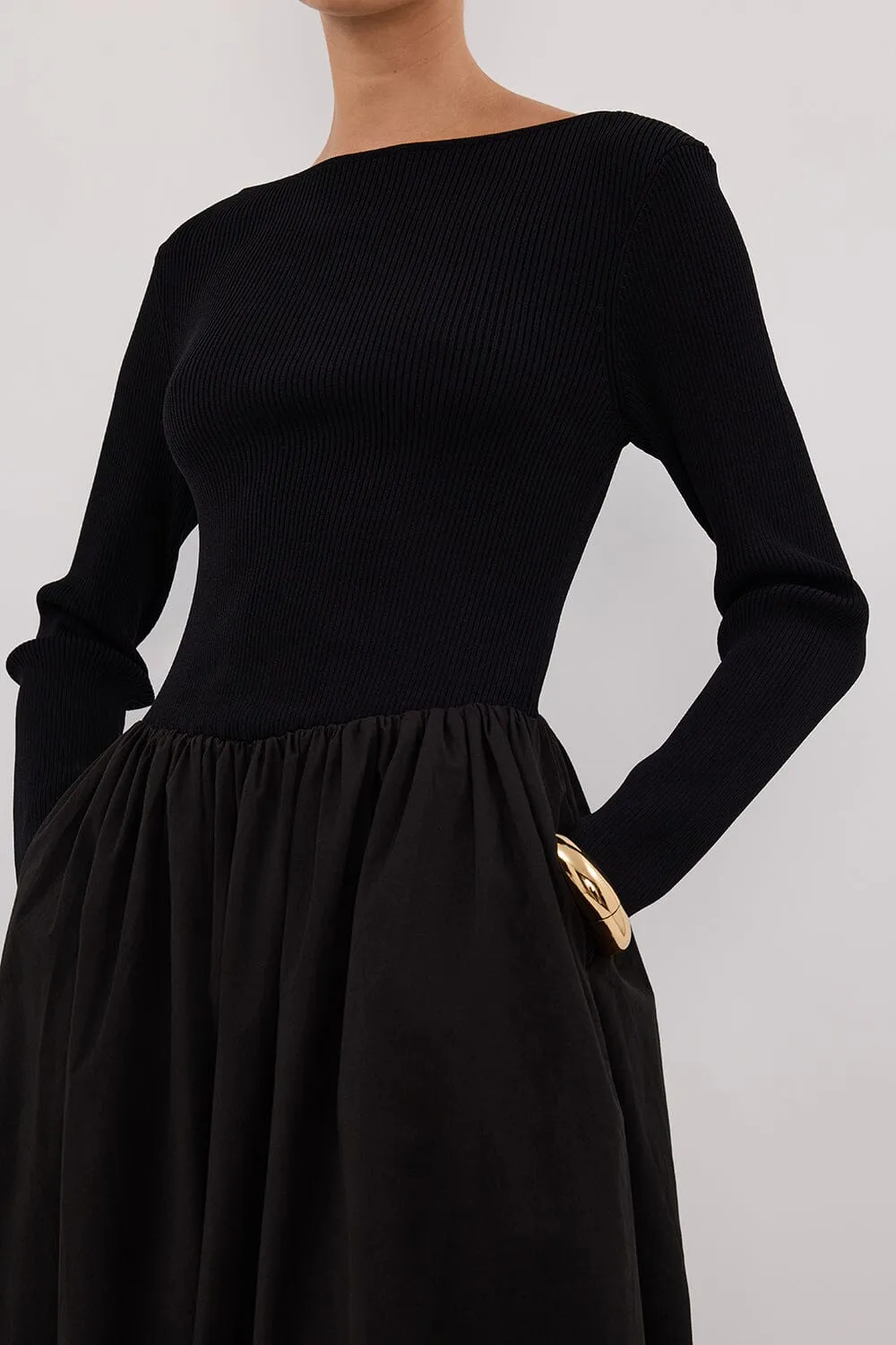 ABIGAIL BLACK HYBRID LONG SLEEVE MIDI DRESS