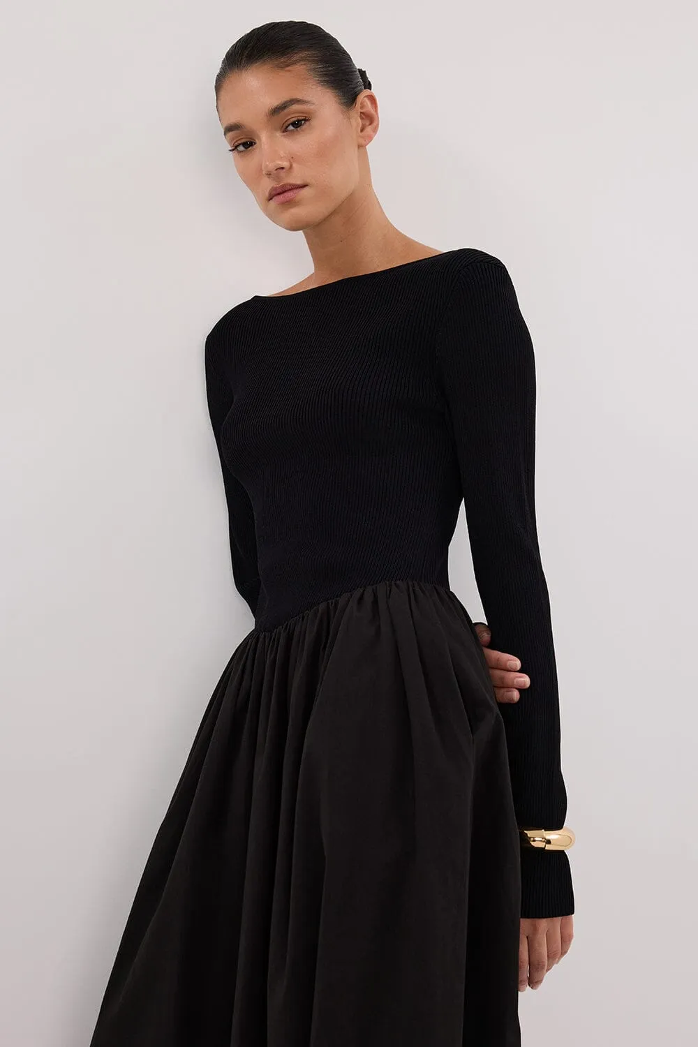 ABIGAIL BLACK HYBRID LONG SLEEVE MIDI DRESS