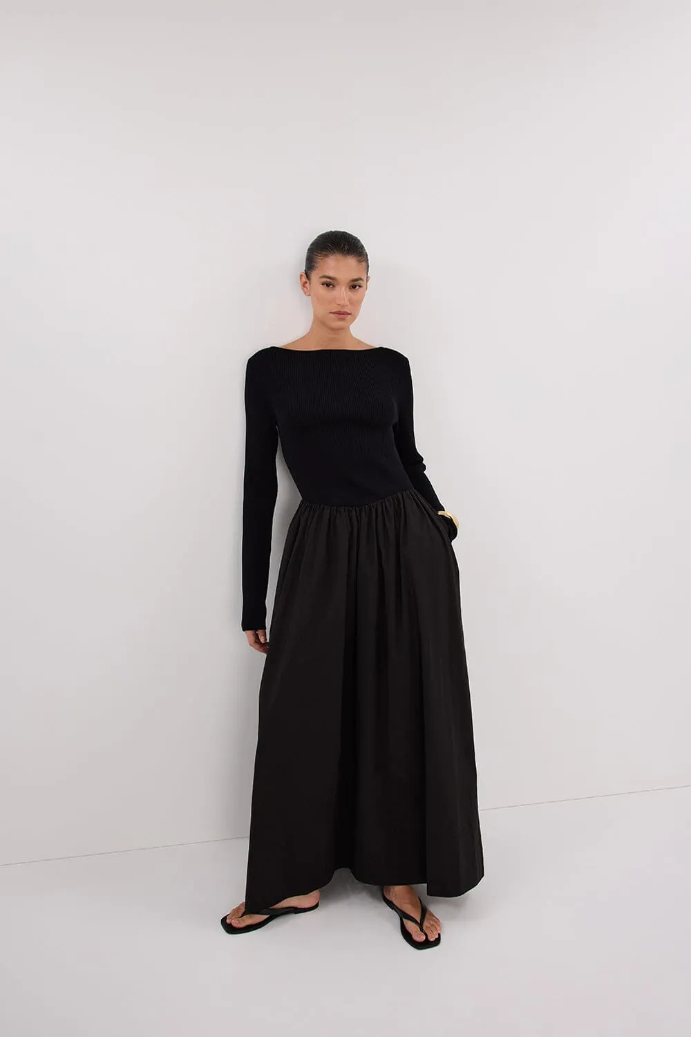ABIGAIL BLACK HYBRID LONG SLEEVE MIDI DRESS