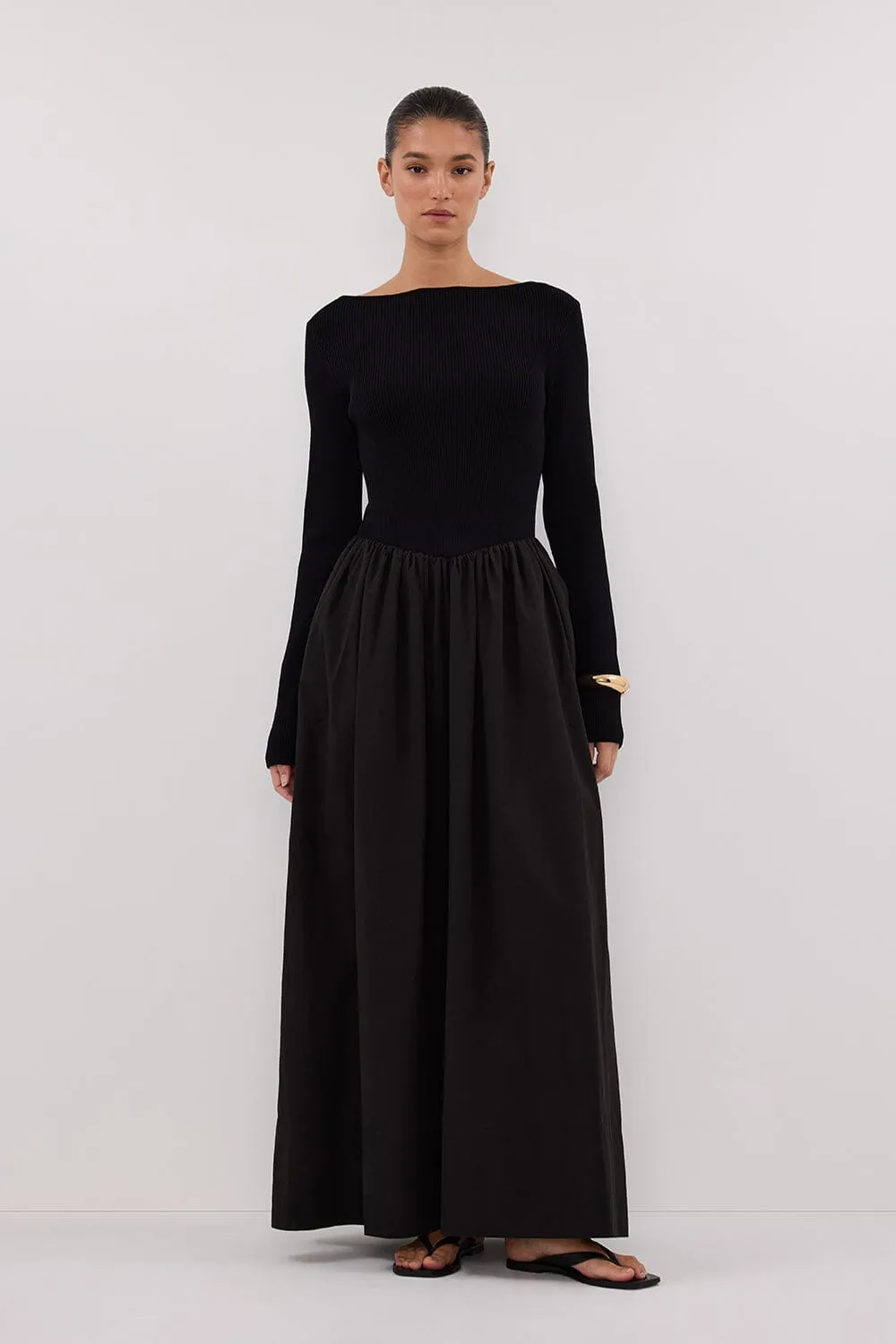 ABIGAIL BLACK HYBRID LONG SLEEVE MIDI DRESS