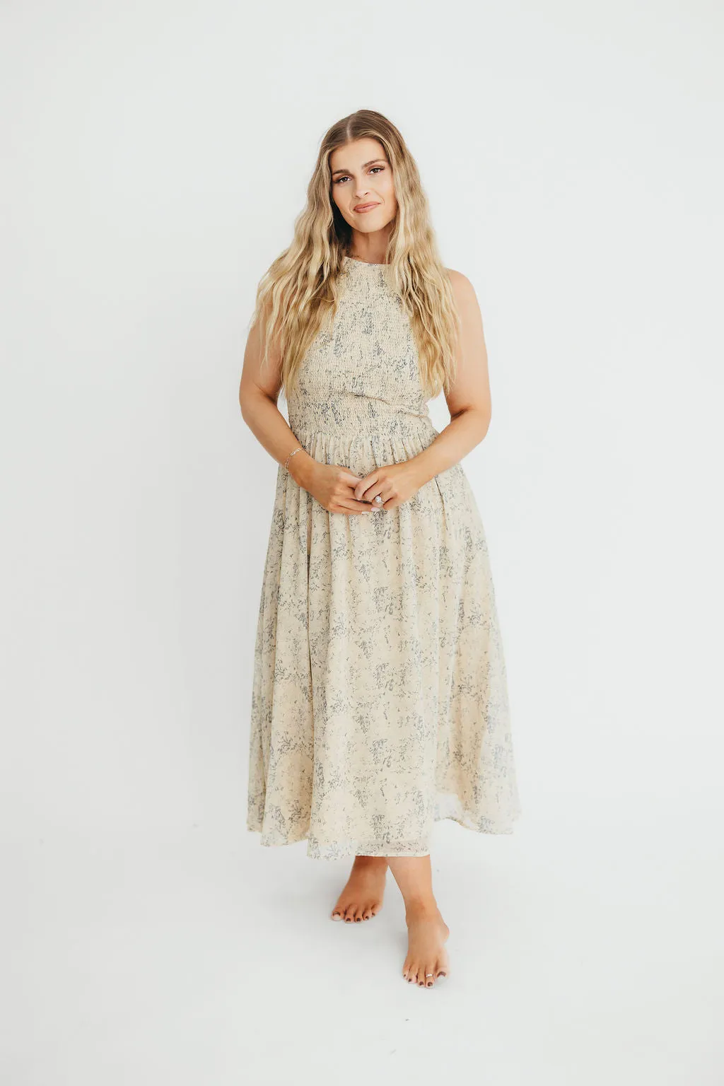 Alaina Floral Print Smocked Midi Dress in Blue Multi