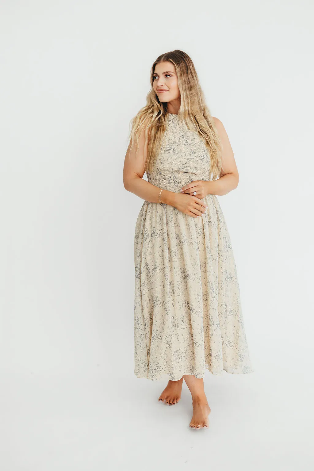 Alaina Floral Print Smocked Midi Dress in Blue Multi