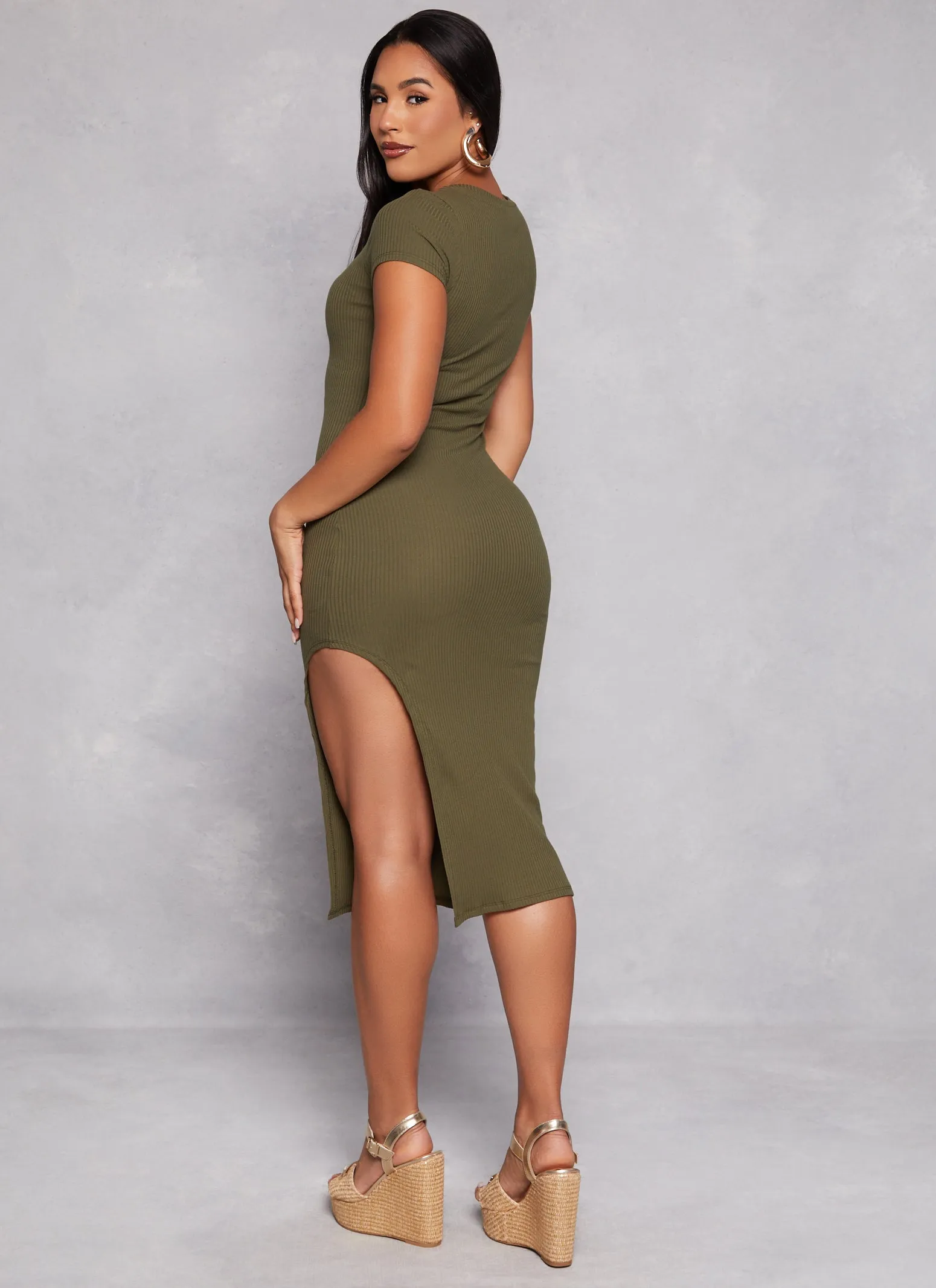 Almost Famous Rib Knit Asymmetrical T Shirt Dress