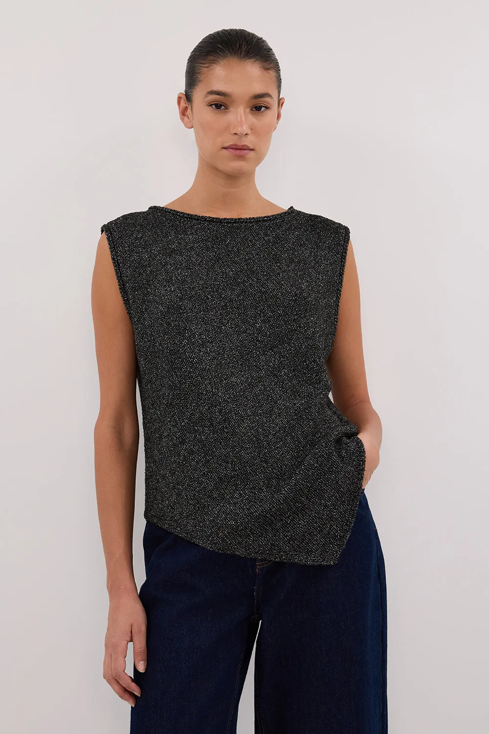 ALTHEA BLACK MARLE ASYM KNIT TOP