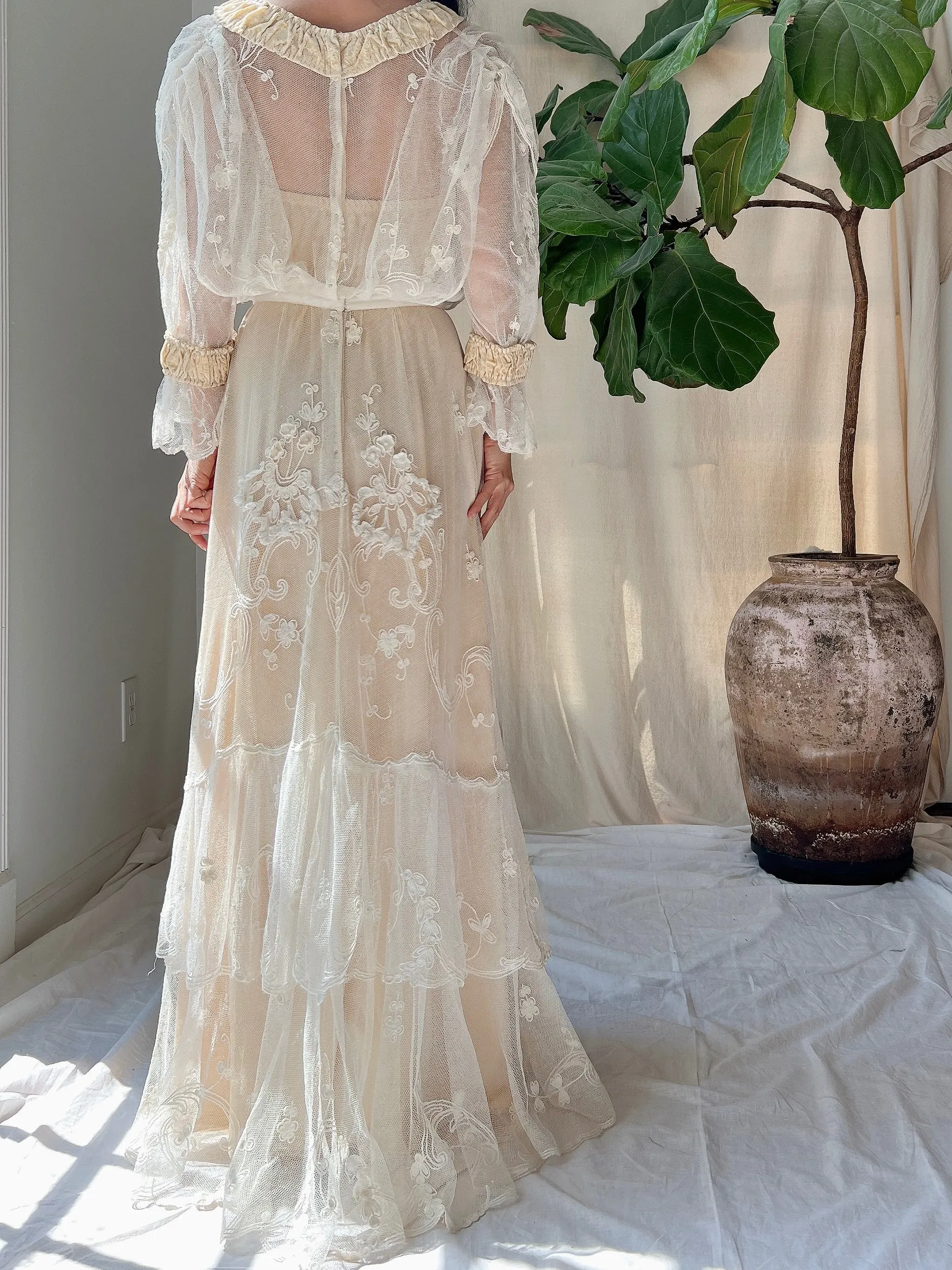 Antique Tambour Cotton Lace Gown - XS