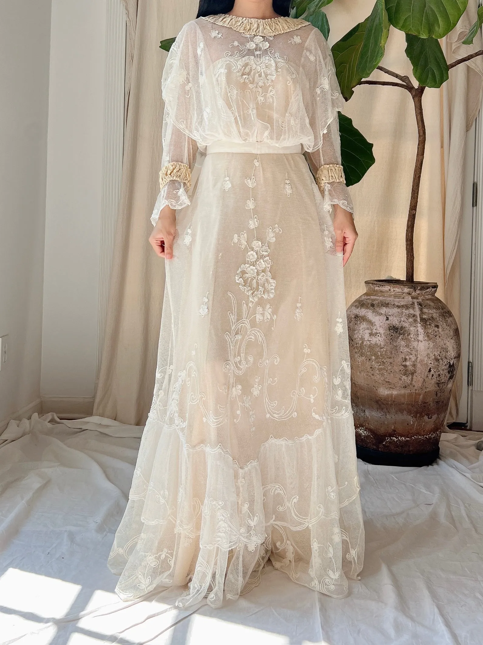 Antique Tambour Cotton Lace Gown - XS