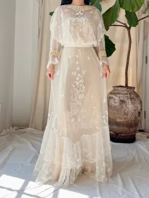 Antique Tambour Cotton Lace Gown - XS