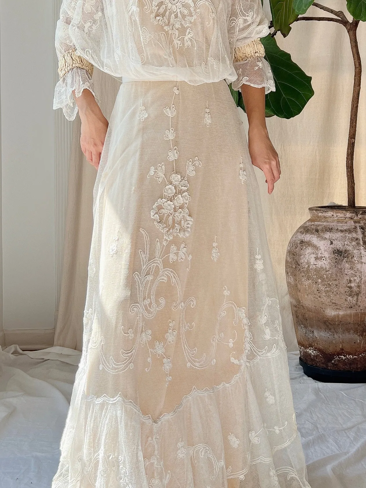 Antique Tambour Cotton Lace Gown - XS