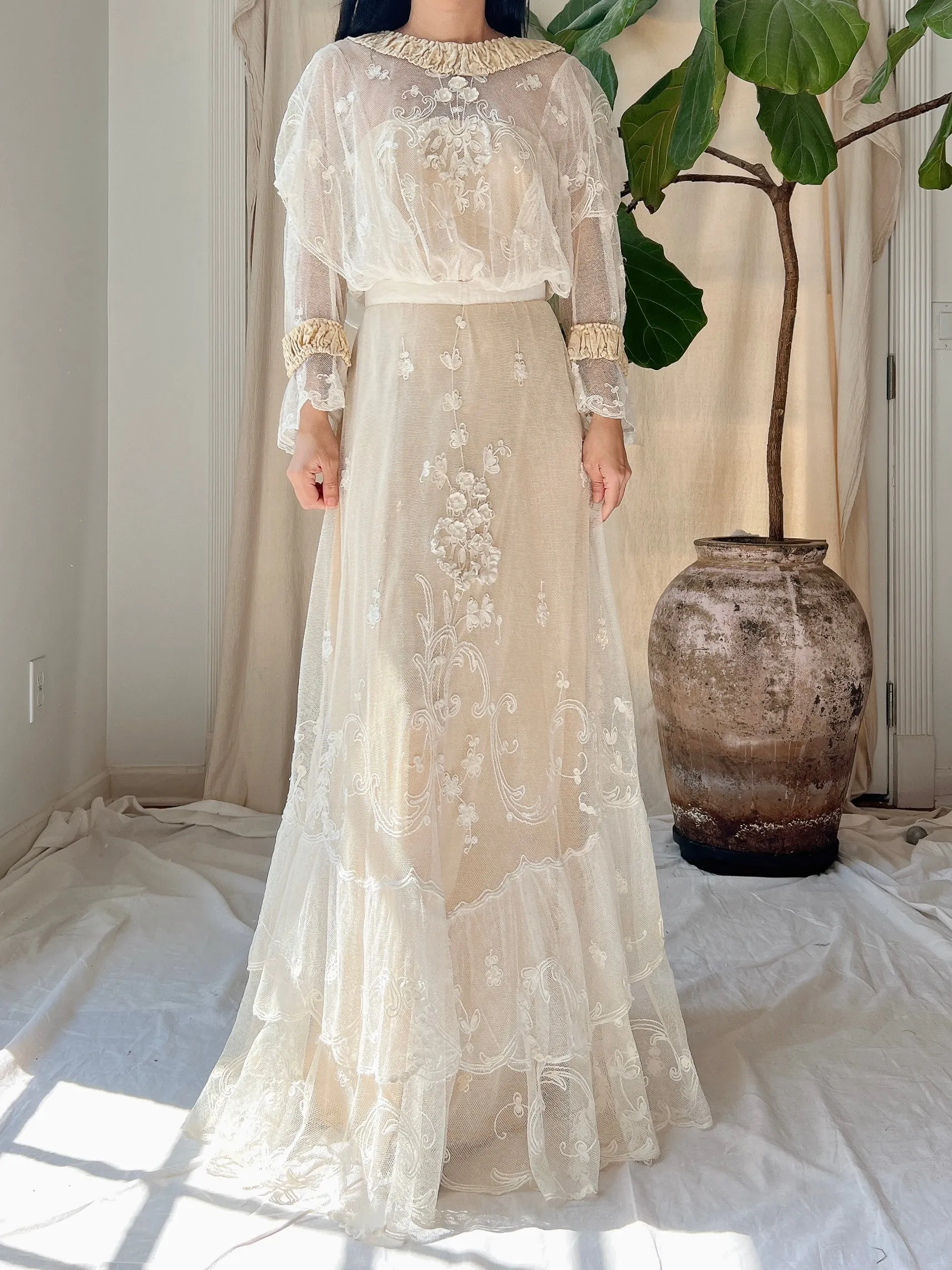 Antique Tambour Cotton Lace Gown - XS