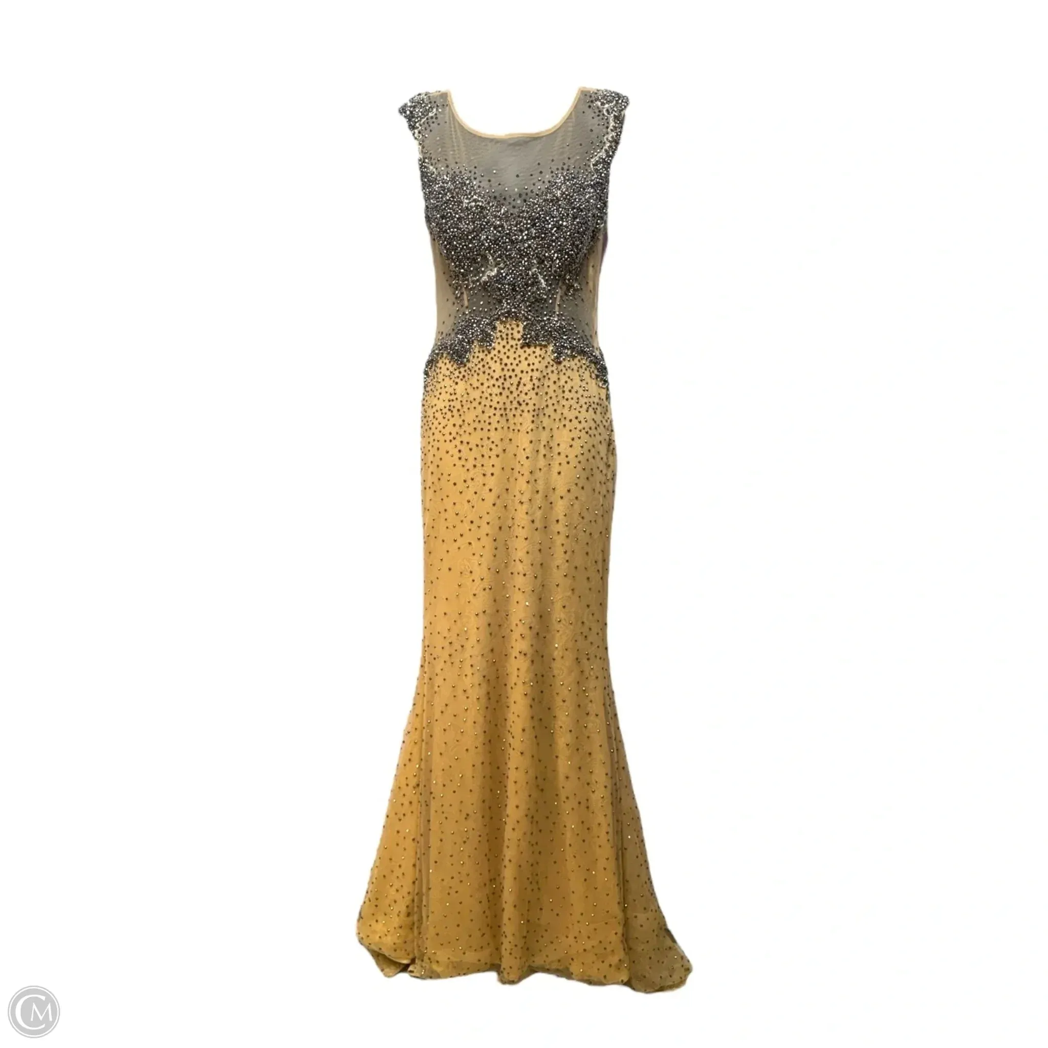 Beaded Mesh Gown By Alberto Makali In Cream, Size: 6