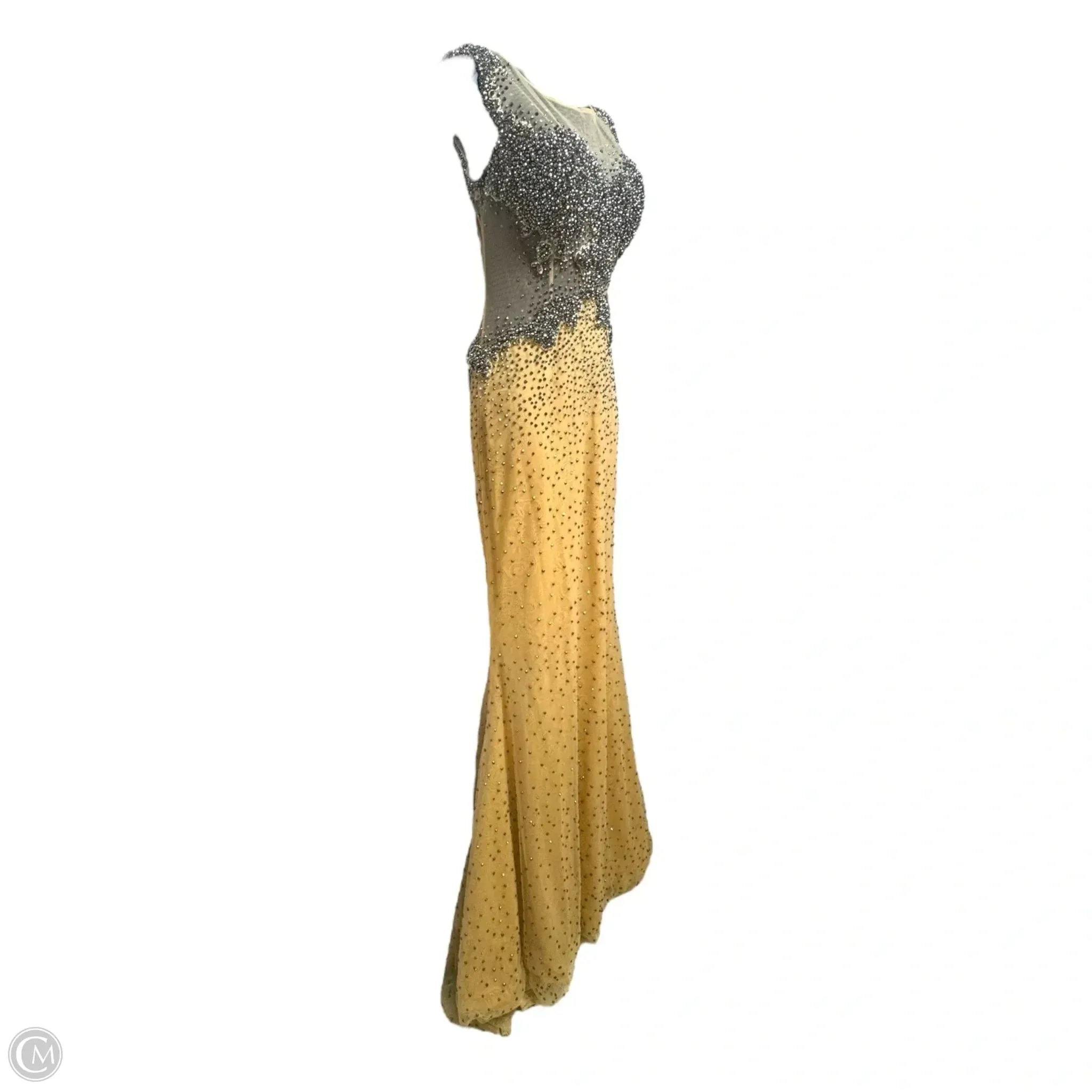 Beaded Mesh Gown By Alberto Makali In Cream, Size: 6