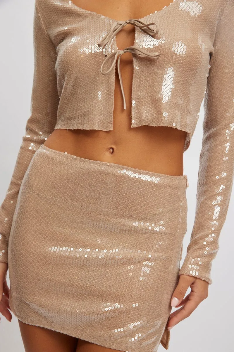 Beige Sequin Top Tie Up Front Long Sleeve
