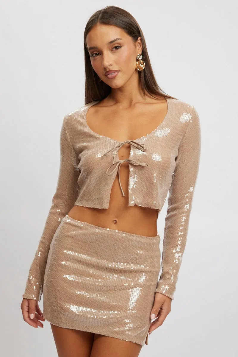 Beige Sequin Top Tie Up Front Long Sleeve