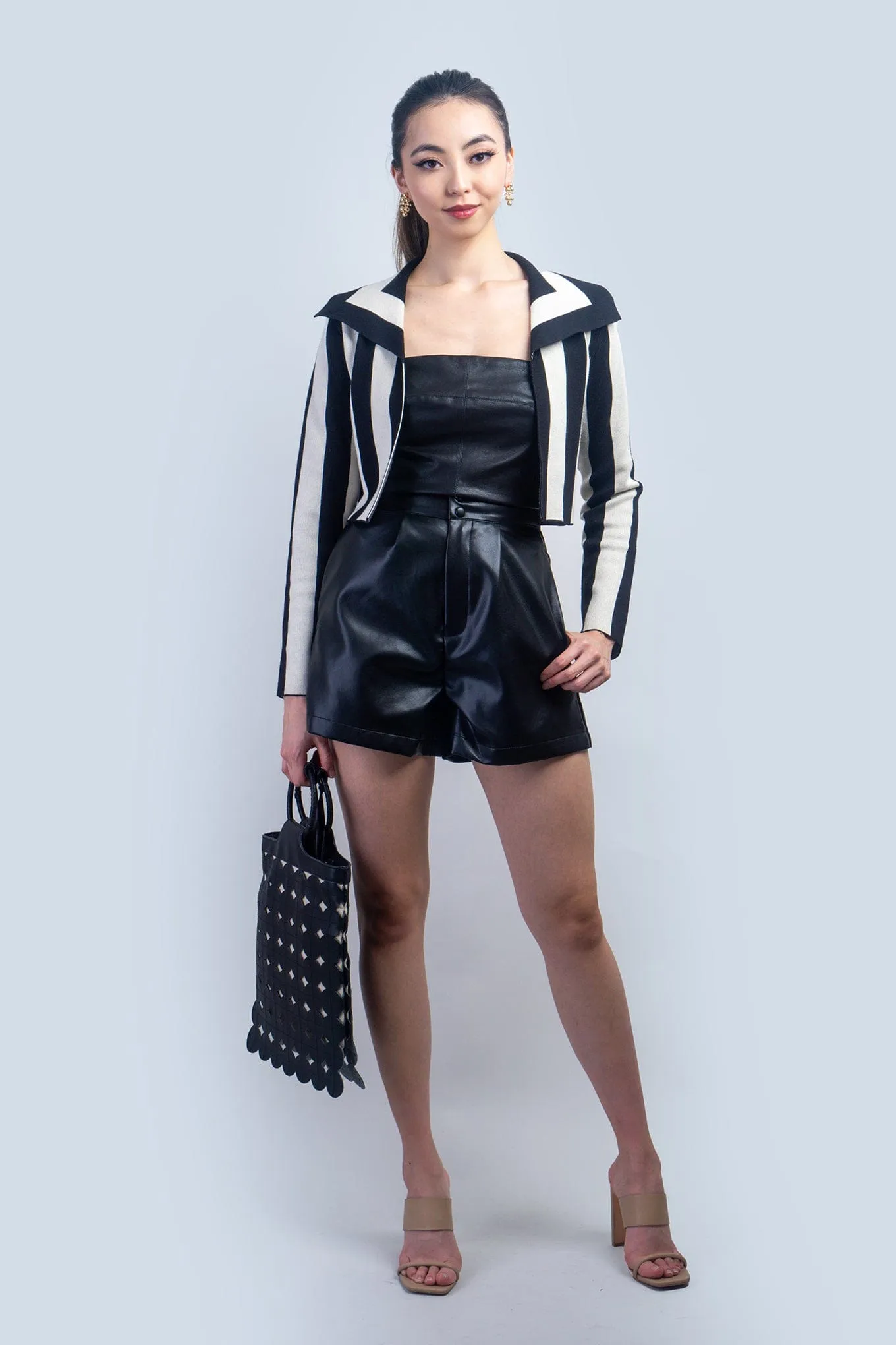 Black Leather Pleated Short