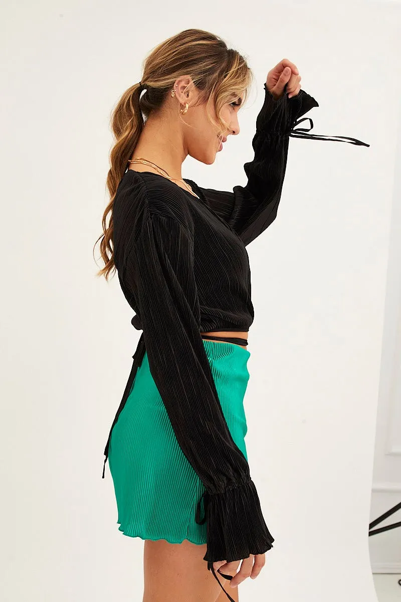 Black Plisse Wrap Top Long Sleeve Crop