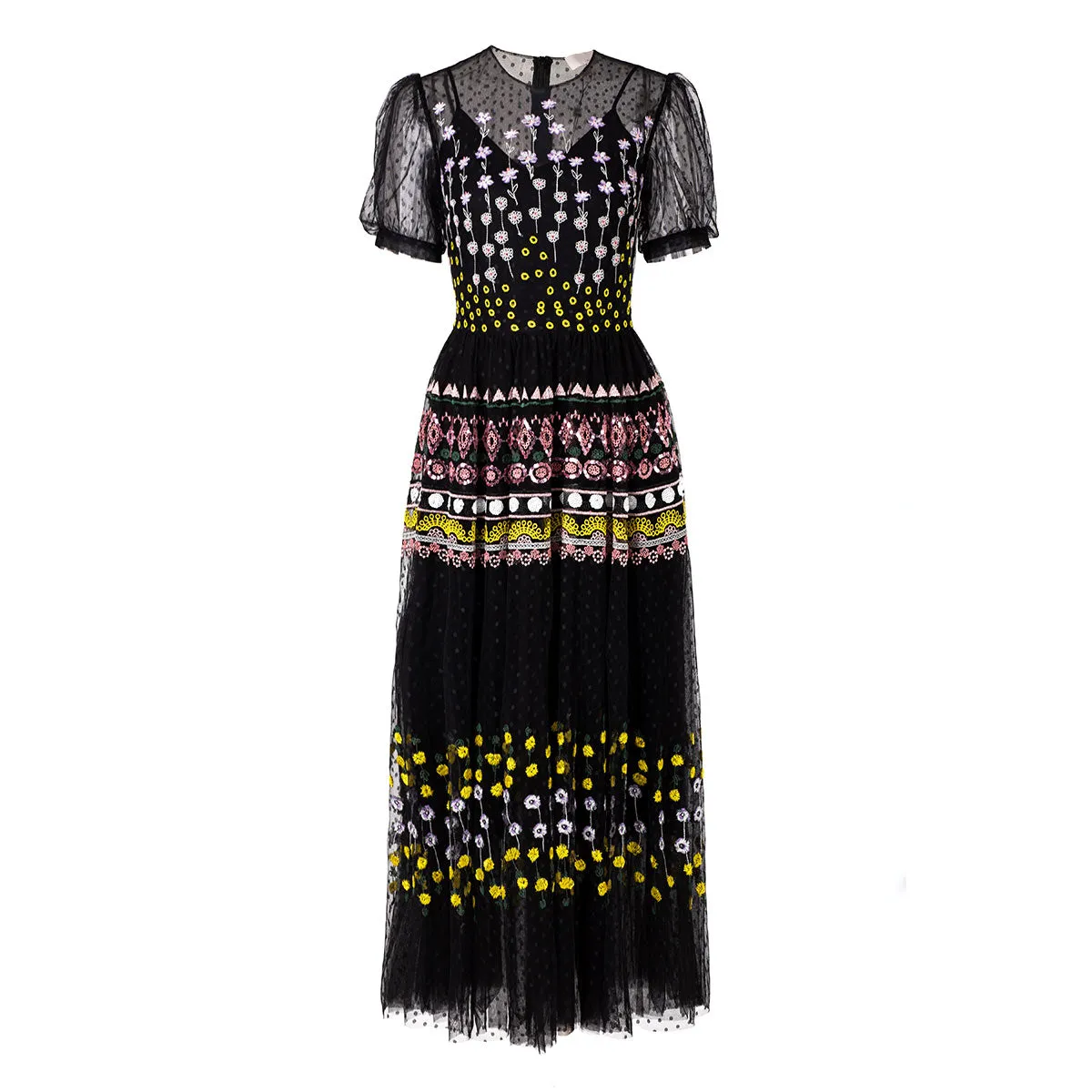 Black Polka Dot Flower Embroidery Princess Sleeve Dress