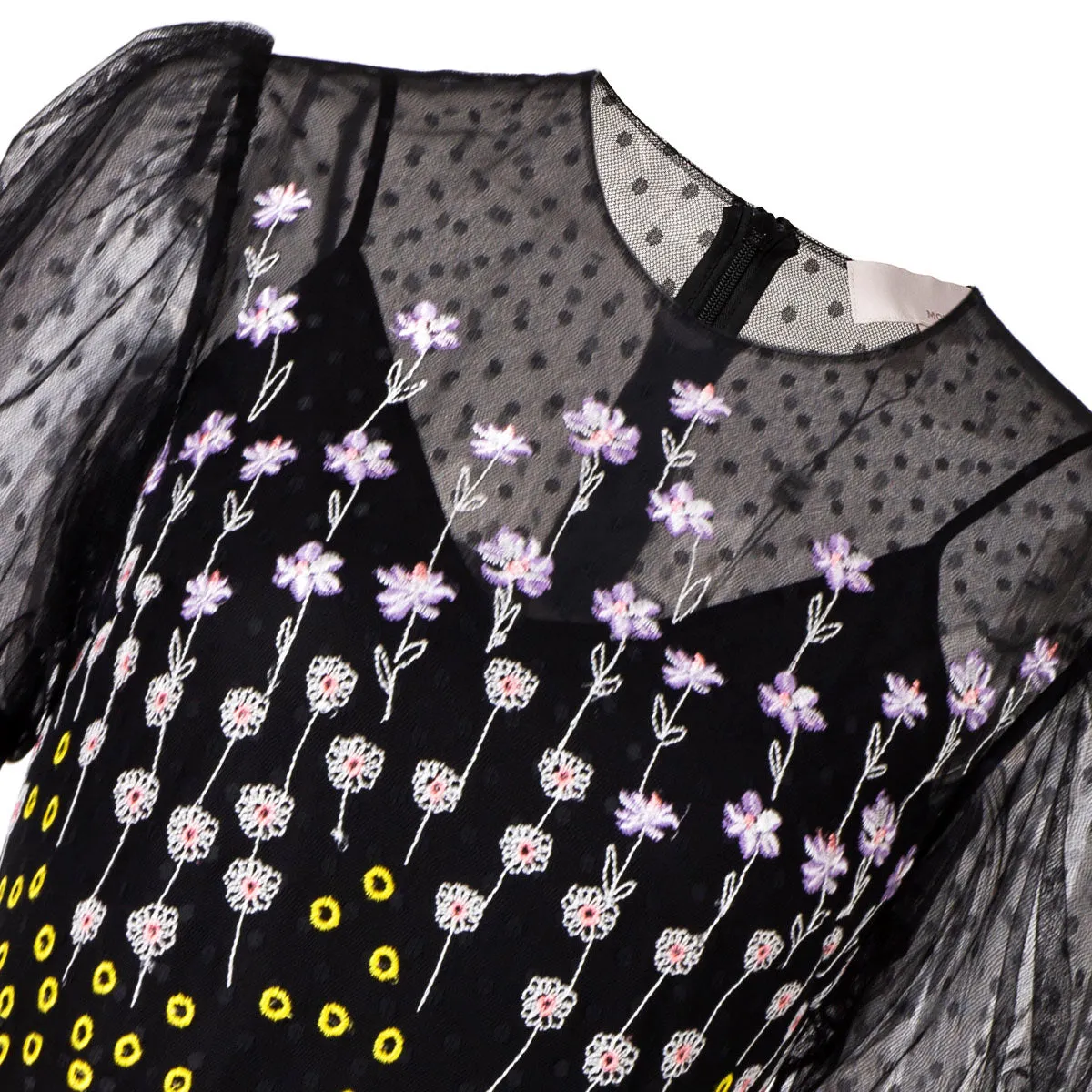 Black Polka Dot Flower Embroidery Princess Sleeve Dress