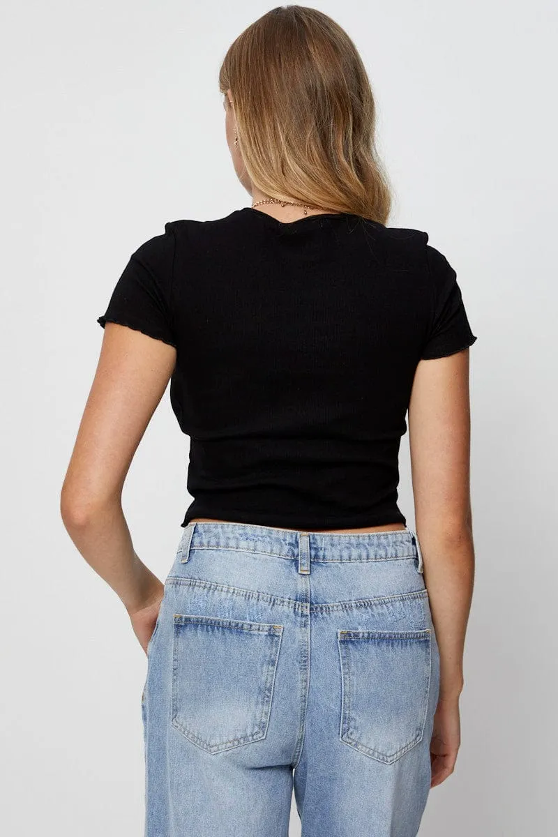 Black Rib T Shirt Short Sleeve Embroided