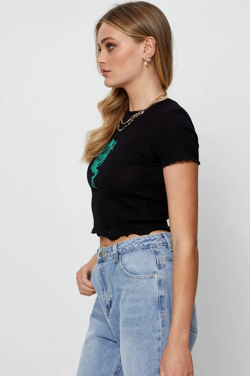Black Rib T Shirt Short Sleeve Embroided