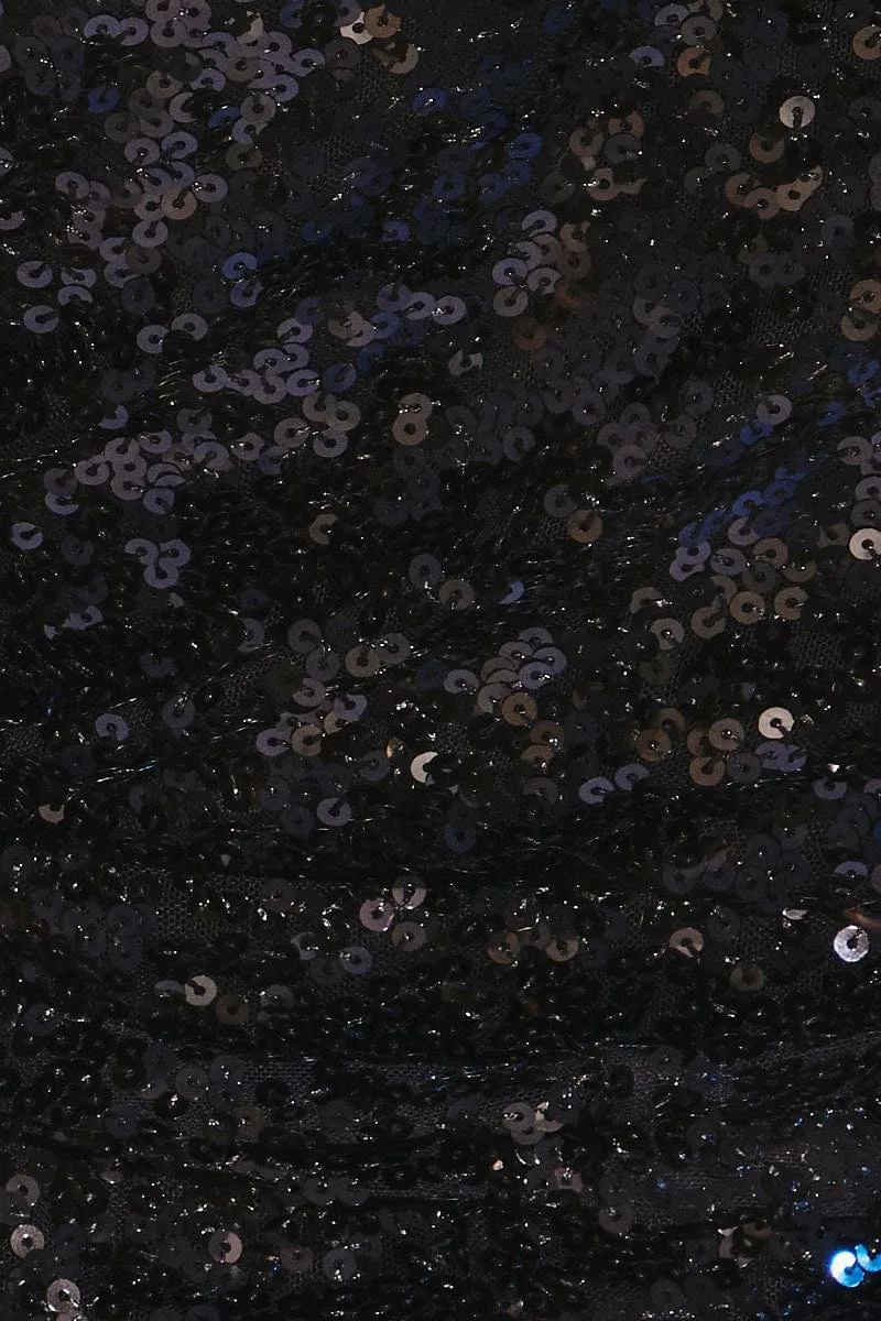 Black Sequin Playsuit Long Sleeve V Neck Mesh