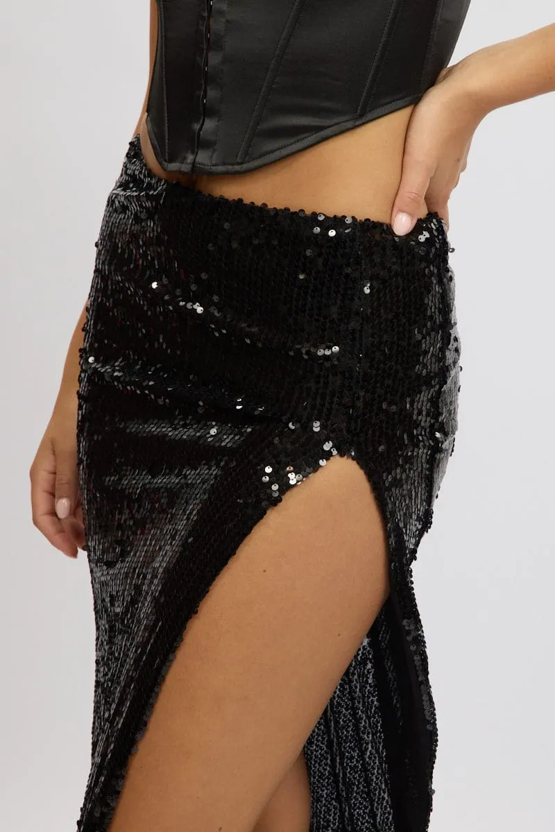 Black Sequins Skirt High Rise Split Maxi