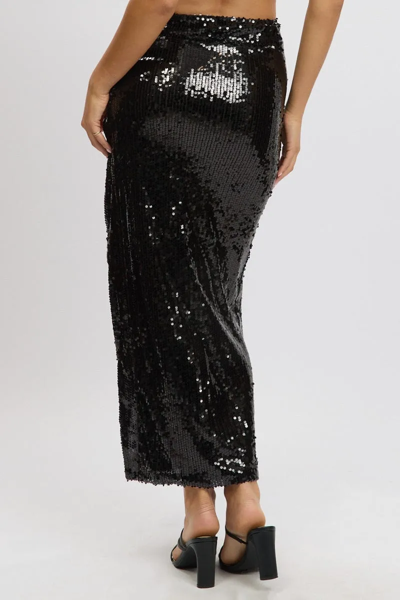 Black Sequins Skirt High Rise Split Maxi