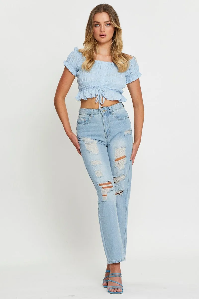 Blue Crop T Shirt Short Sleeve
