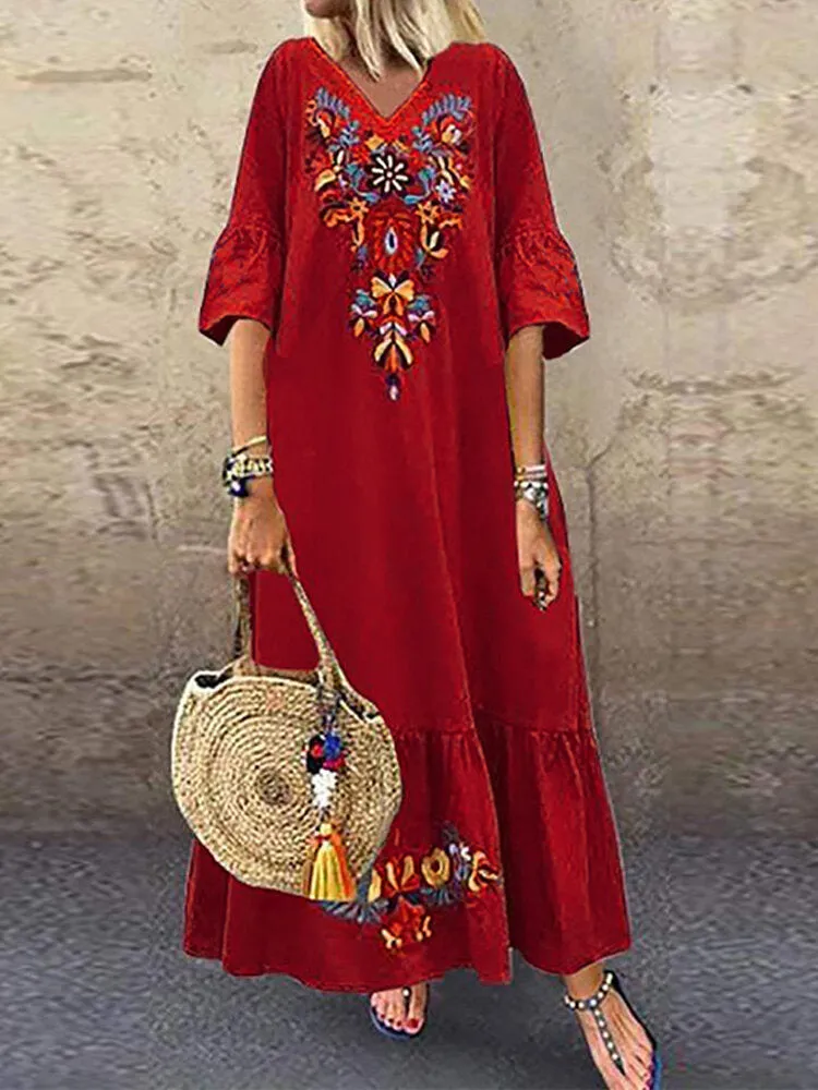 Bohemian Floral Print V-neck Flare Half Sleeve Beach Women Maxi Dress