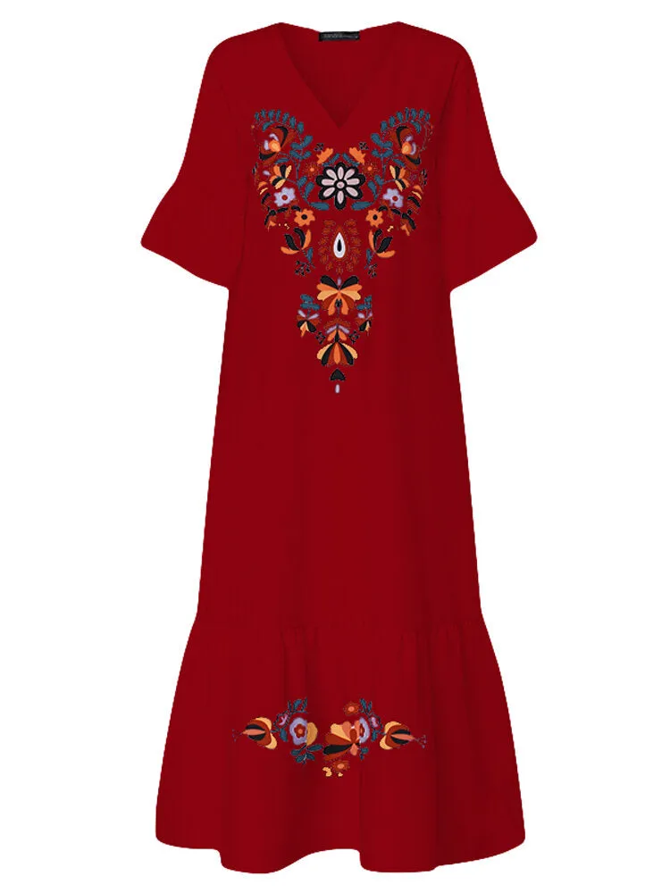 Bohemian Floral Print V-neck Flare Half Sleeve Beach Women Maxi Dress