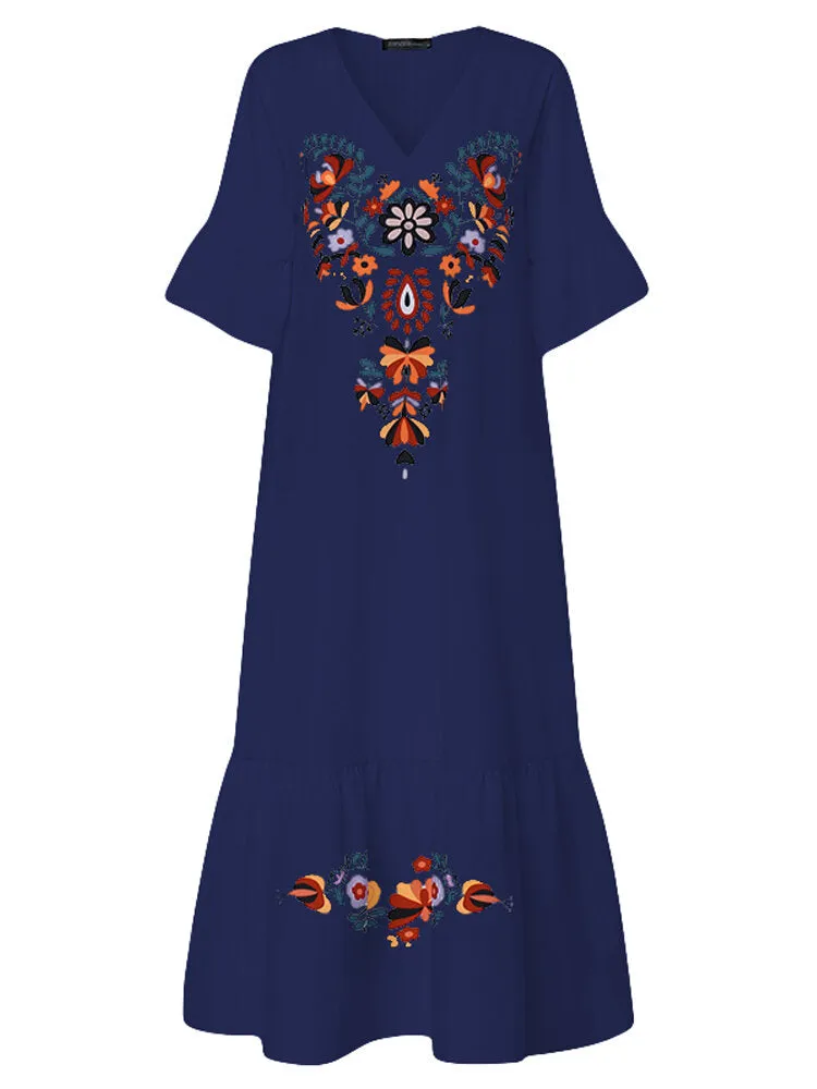 Bohemian Floral Print V-neck Flare Half Sleeve Beach Women Maxi Dress