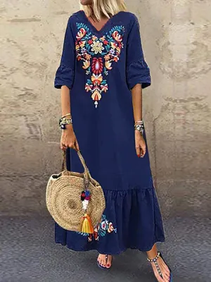 Bohemian Floral Print V-neck Flare Half Sleeve Beach Women Maxi Dress