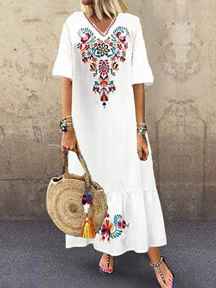 Bohemian Floral Print V-neck Flare Half Sleeve Beach Women Maxi Dress