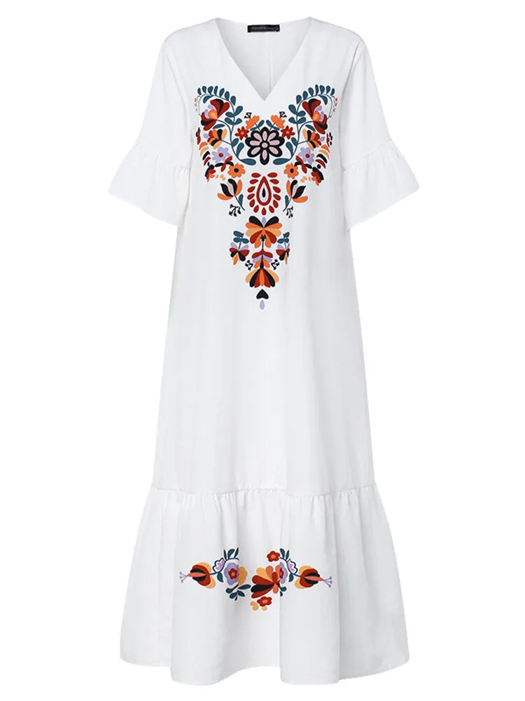Bohemian Floral Print V-neck Flare Half Sleeve Beach Women Maxi Dress