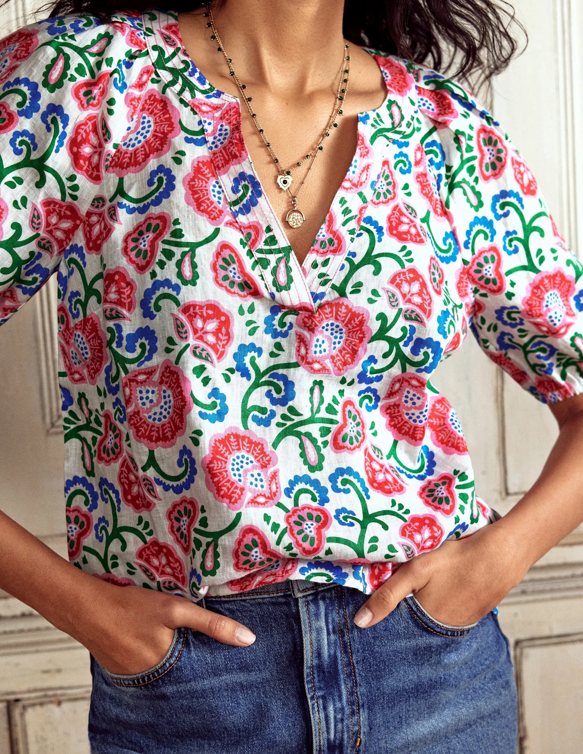 Brooke Linen Top-Ivory. Garden Vine