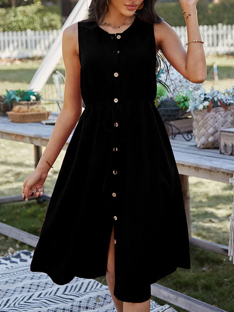 Button Drawstring O-neck Pure Color Sleeveless Casual Women Midi Dress