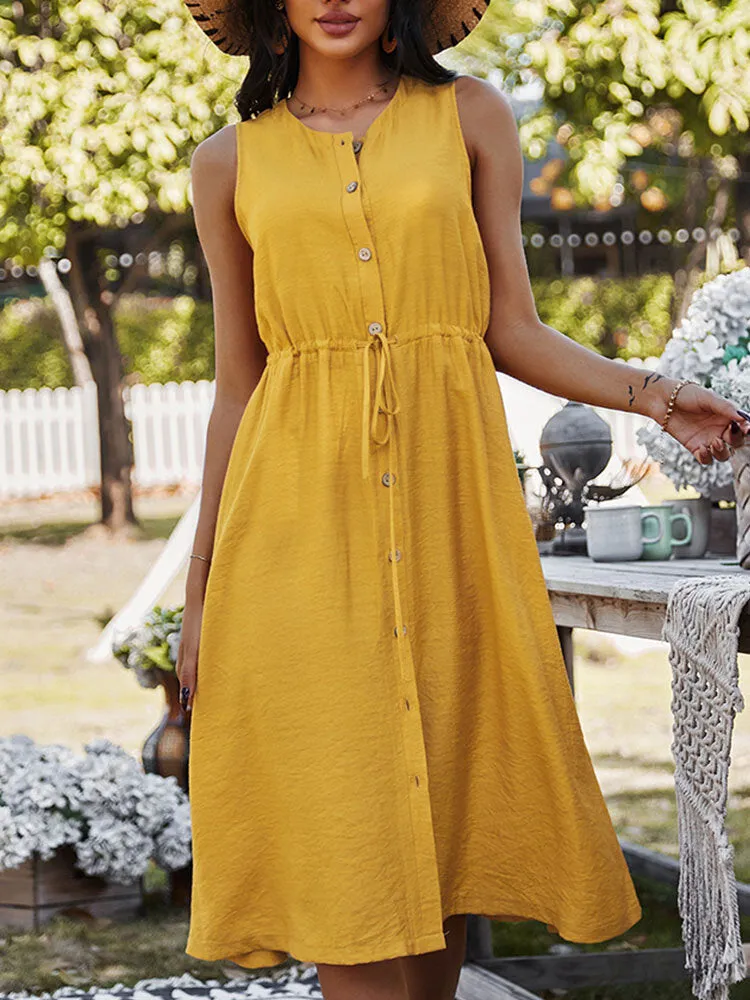 Button Drawstring O-neck Pure Color Sleeveless Casual Women Midi Dress