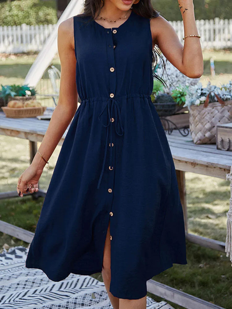 Button Drawstring O-neck Pure Color Sleeveless Casual Women Midi Dress