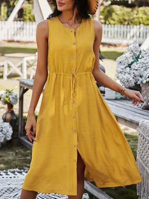Button Drawstring O-neck Pure Color Sleeveless Casual Women Midi Dress
